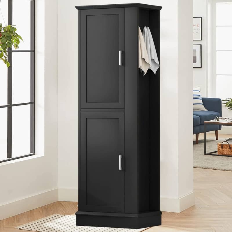 Kitchen Pantry Storage Cabinet with Hook, Freestanding Pantry Cupboard with Doors and Adjustable Shelves - Black