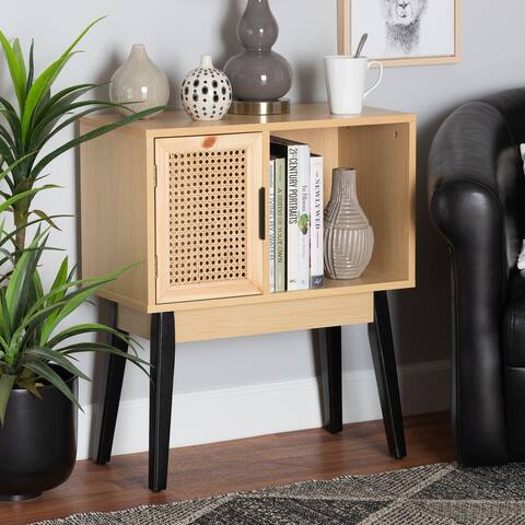 Dacre Transitional 1-Door Console Table with Natural Rattan-Oak Brown