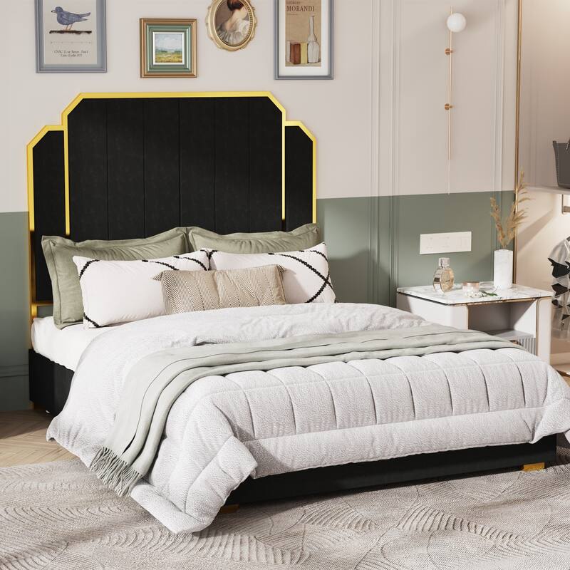 Queen Size Bed Frame with Tall Headboard, Upholstered Platform Bed w/ Golden Plating Trim & Slats Support, No Box Spring Needed