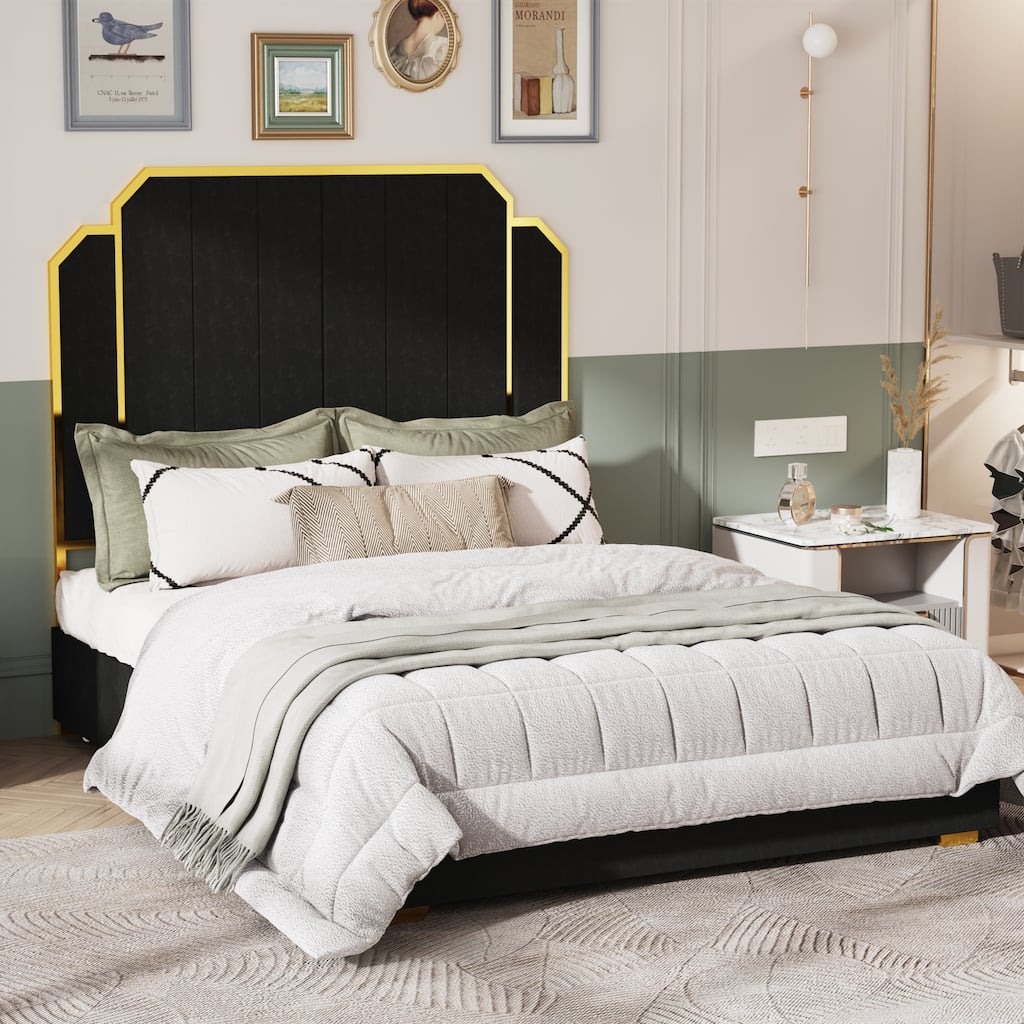 Queen Size Upholstered Platform Bed with Golden Trim