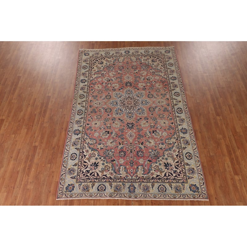 Pink Isfahan Persian Vintage Area Rug Hand-Knotted Wool Carpet - 6'7"x 10'2"
