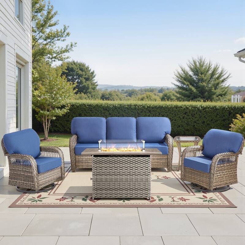 Pocassy Patio Sofa Ottoman Swivel Chair Table with Fire Table Funiture Set. - Gray Wicker Blue Cushion - 5-Piece Sofa Swivel Chair Table w/ Fie Pit Table