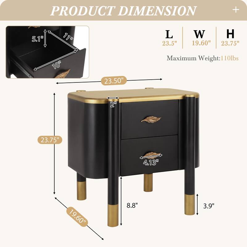 Modern 2 Drawers Nightstand Bedside Table with Metal Feather-Shaped Handles