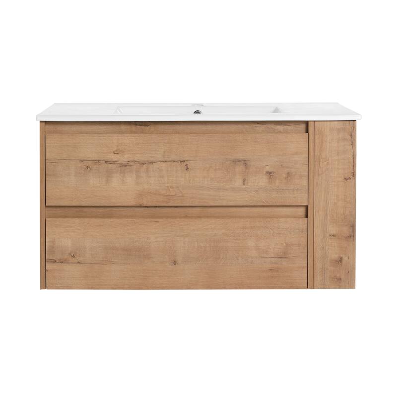 35.9-Inch Modern Bathroom Vanity with Ceramic Sink, Adjustable Side Shelf, Soft-Close Drawers, and 45° Beveled Invisible Handle