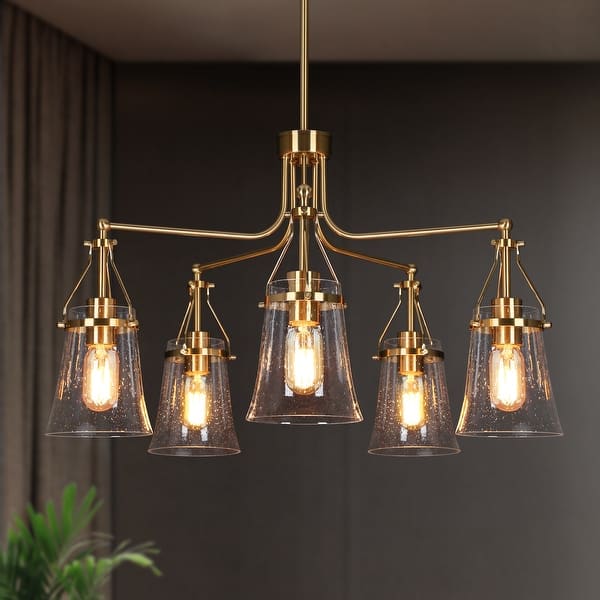 slide 2 of 15, Haye Modern Gold 5-Light Wheel Glass Chandelier for Dining Room Bedroom - D25" x H16.5"