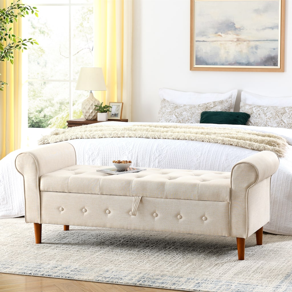 62" Bedroom Tufted Button Storage Bench, Long Linen Upholstered Storage Ottoman with Rolled Armrest, End of Bed Bench