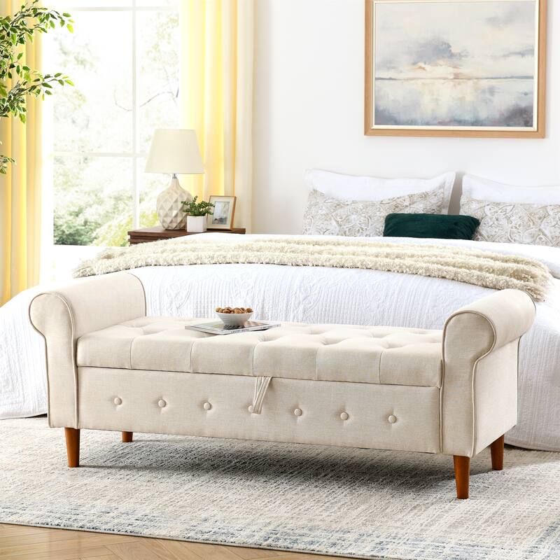 Modern Fabric Upholstered Storage Bench with Tufted Button and Rolled Arm - Beige