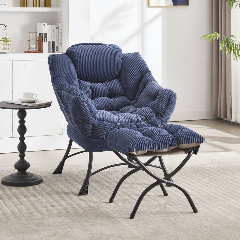 Modern Lounge Chair with Ottoman - Plush Reading Accent Chair with Footrest and Side Pocket - Navy Blue