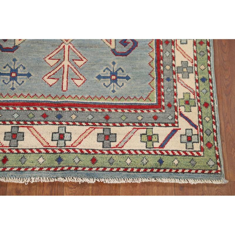 Light Blue Geometric Kazak Accent Rug Handmade Wool Carpet - 3'3" x 4'11"