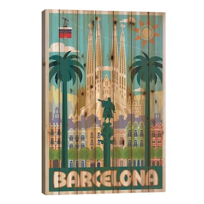 Barcelona Travel Poster Print On Wood by Jim Zahniser - Multi-Color