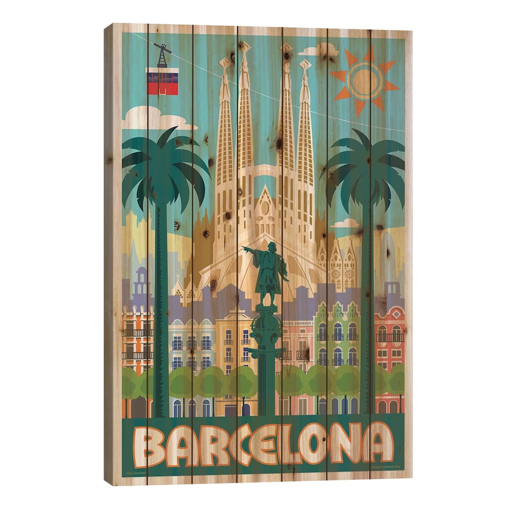 Barcelona Travel Poster Print On Wood by Jim Zahniser - Multi-Color