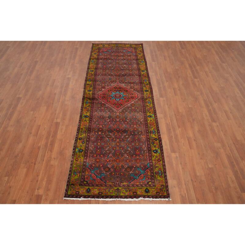 Hand Knotted Oriental 100% Wool Carpet Traditional Geometric Brown Hamedan Runner Rug - 10' 7'' X 3' 7''