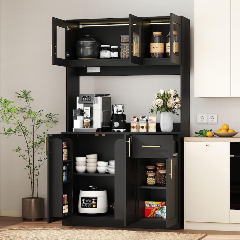 71'' Kitchen Pantry Cabinet with Hutch, Drawer & LED Light, Microwave Stand with Power Outlet for Dining Room or Kitchen