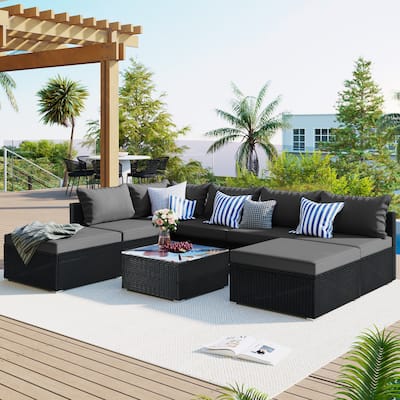L-shape Sectional Sofa Patio Furniture Sets 8-Pieces Conversation Set Wicker Sofa Set Convertible Recliner Couch with Table