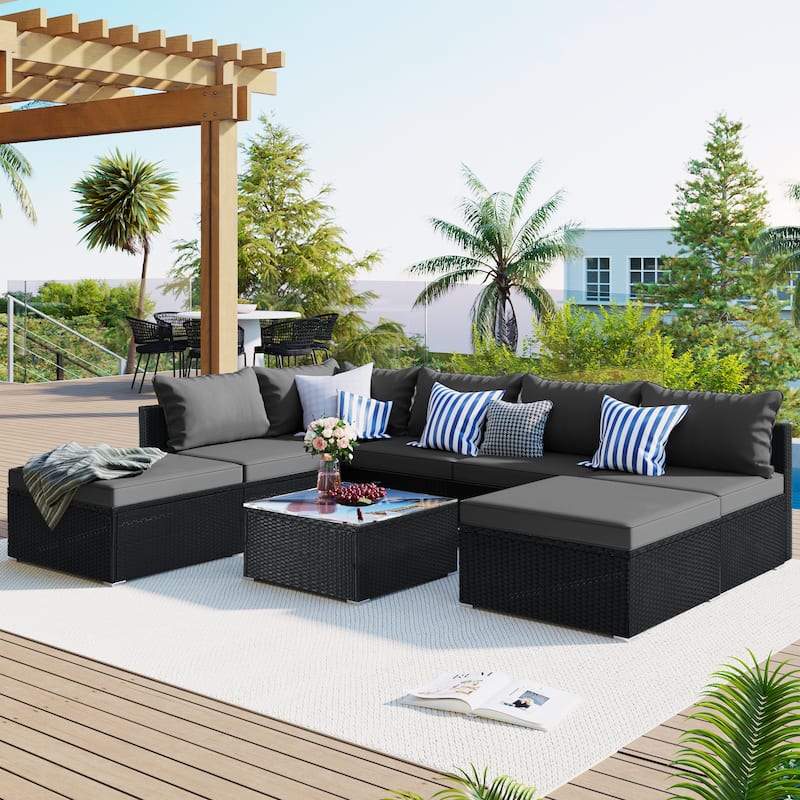 Contemporary 8-Piece Outdoor Patio Furniture Set with Tempered Glass Table