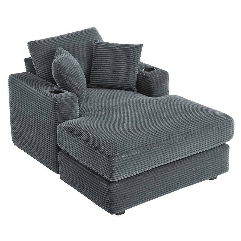 Chaise-Style Corduroy Sofa with Cup Holders and 3 Back Cushions - Reclining Lounge Design