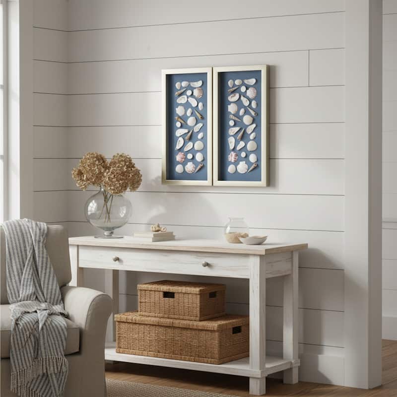 American Art Decor 2-Piece Coastal Seashell & Sea Glass Shadowbox Framed Wall Art Set