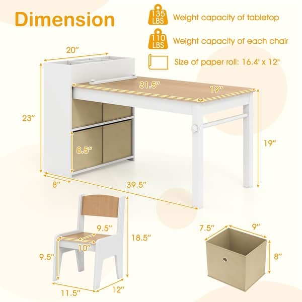 dimension image slide 0 of 2, Costway Kids Art Table & Chairs Set with Paper Roll Wooden Craft Study - See Details