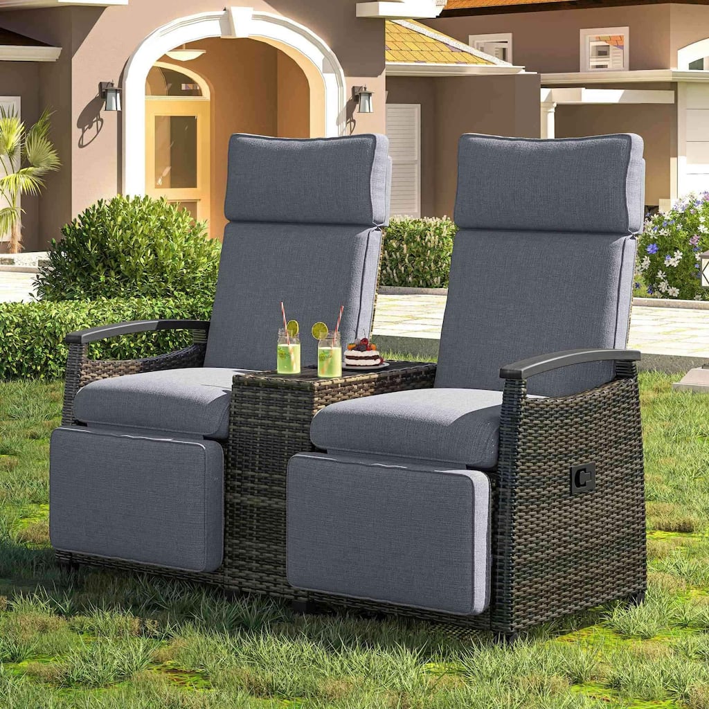 Wicker Patio Recliner Chair Set with Cushions and Storage Table
