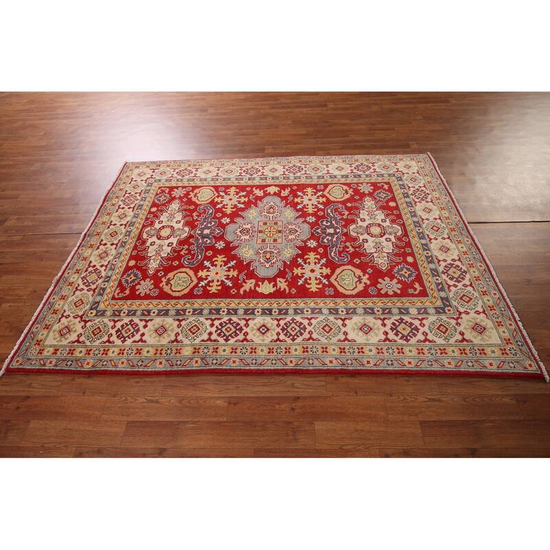 Red Geometric Kazak Area Rug Handmade Traditional Oriental Wool Carpet - 4'10" x 6'8"