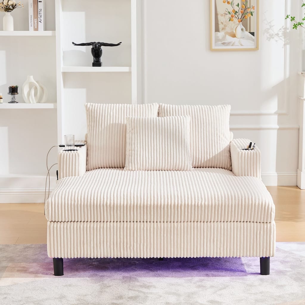 Modern Corduroy Oversized Recliner Sofa with Deep Seat, 3 Pillows, USB Charging, RGB LED Light Strip, Cup Holder, Side Pocket