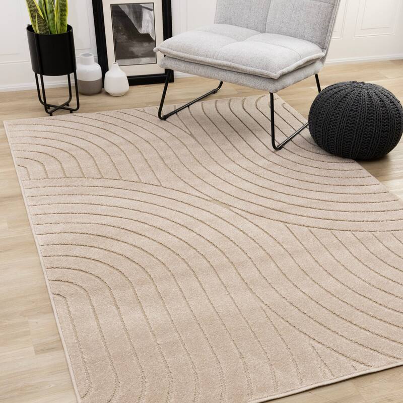 Modern Curved Lines Textured Area Rug in Beige - 6'7" x 9'6"