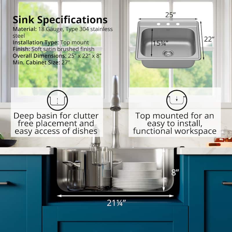 Karran 25" Top Mount 18-Gauge Stainless Steel Single Bowl Kitchen Sink Kit