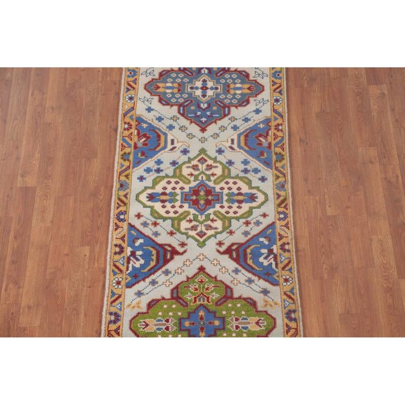 Geometric Kazak Accent Rug Handmade Oriental Blue Wool Carpet - 2'7"x 5'10"
