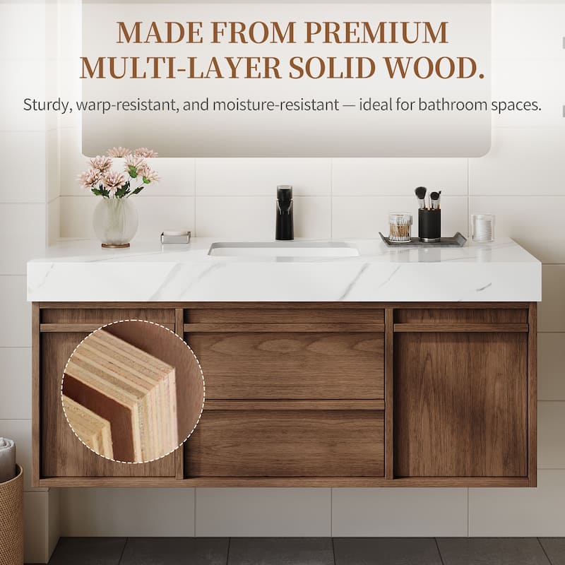 48"Mid Century Modern Wall-Mounted Bathroom Vanities,Single Sink,Brown Wood Texture with Sintered Stone Table top