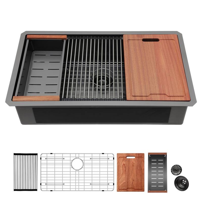 33" Undermount Kitchen Sink,Gunmetal Black Single Bowl,Kitchen Sinks