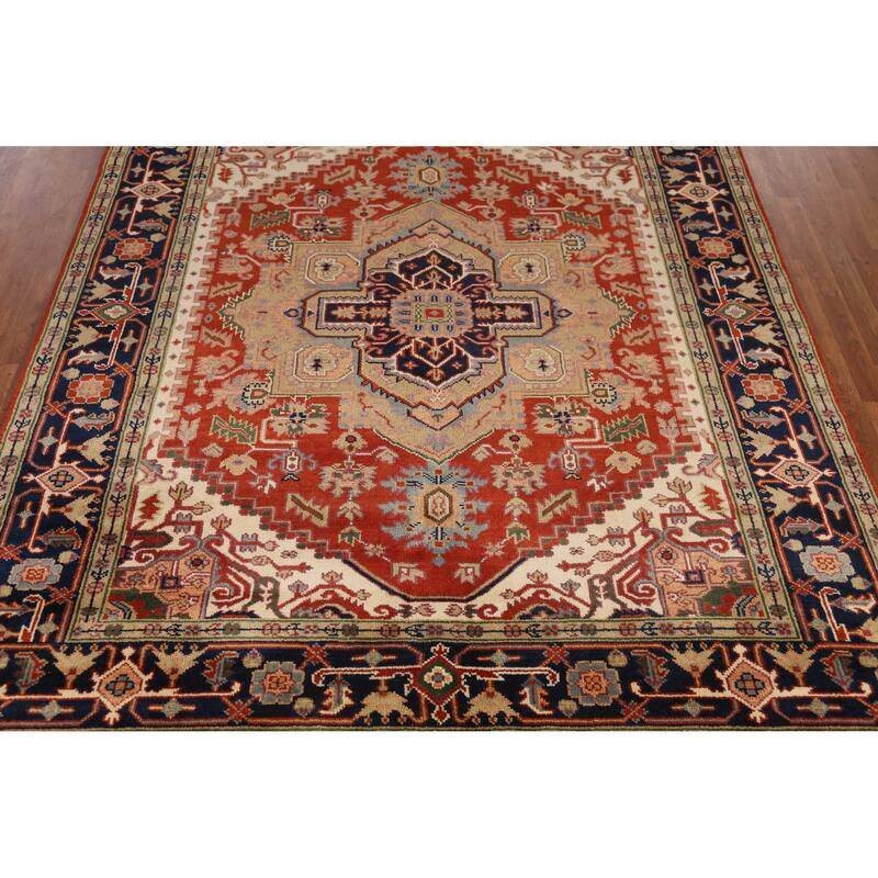 Medallion Heriz Serapi Indian Rug Hand-Knotted Oriental Wool Carpet - 7'11" x 9'9"