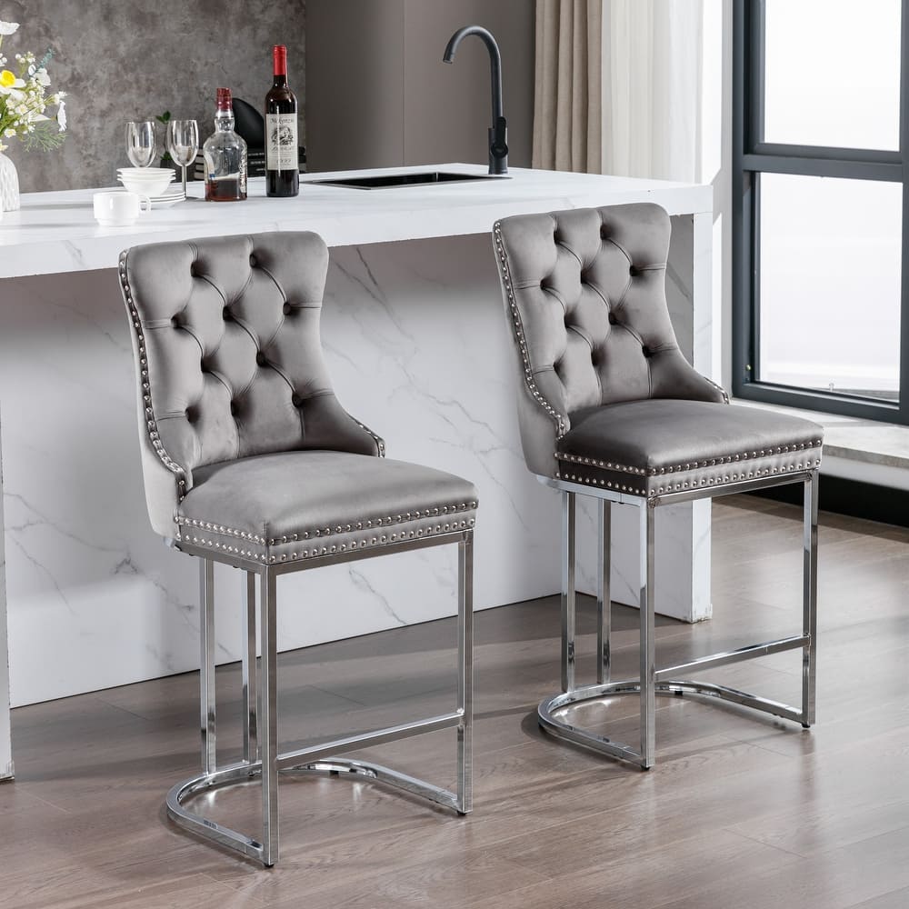 Counter Height Bar Stools Set of 2, Velvet Upholstered Accent Chairs with Button Back, Rivet Trim and Chromed Metal Base Legs