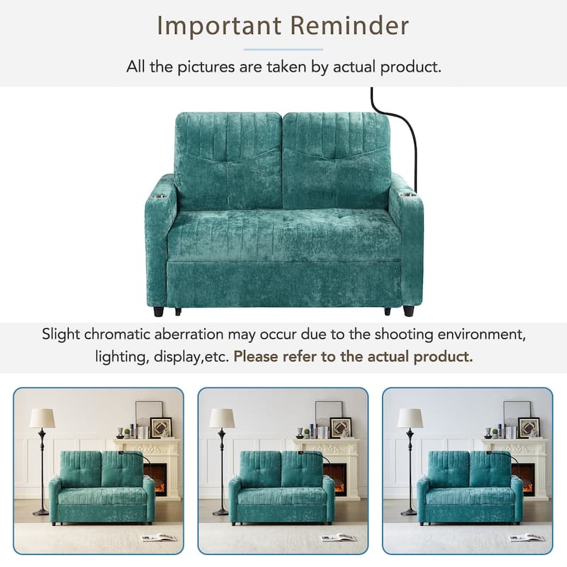 53.9" Chenille Convertible Loveseat with Pull-Out Bed, 3 USB Ports, and Smart Storage