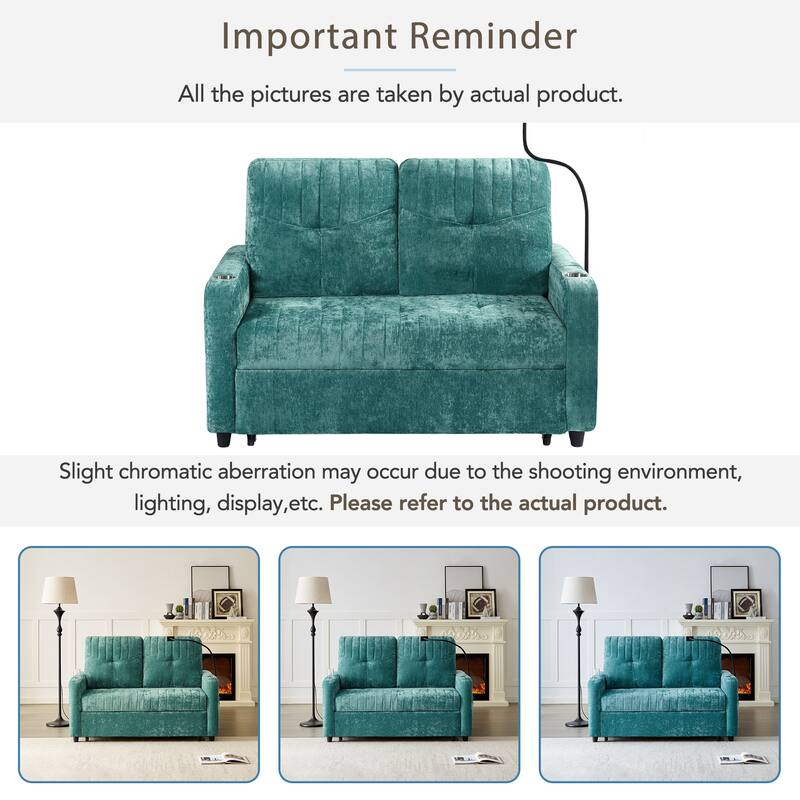 Chenille Loveseat Convertible Pull-out Sleeper Sofa Bed, Tufted Couch w2 Cup Holders Phone Holder & 3 USB Ports, Pockets