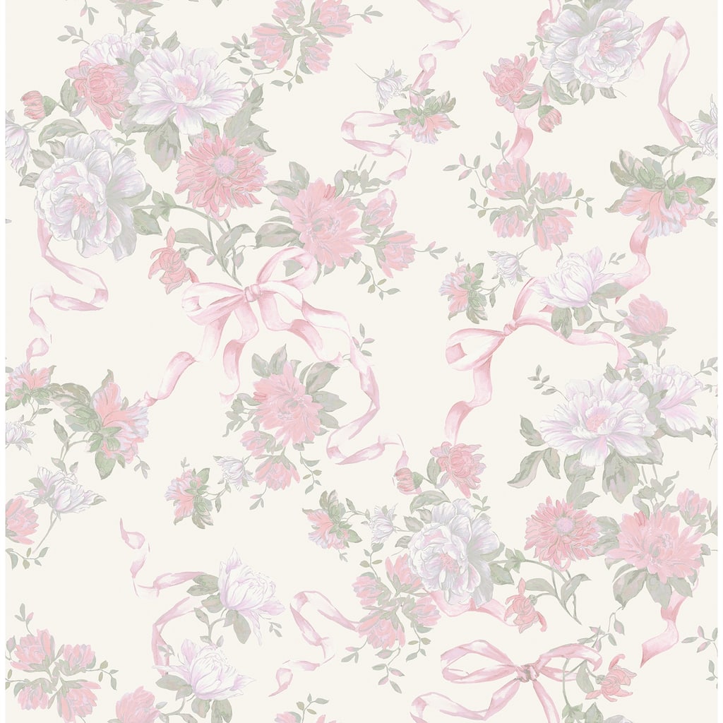 Cabbage Rose Bow Pretty in Pink Ribbons and Roses Wallpaper