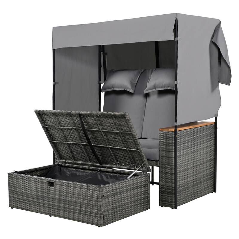 2-Piece Outdoor Rattan 5 Positions Daybed with Bench & Cushions