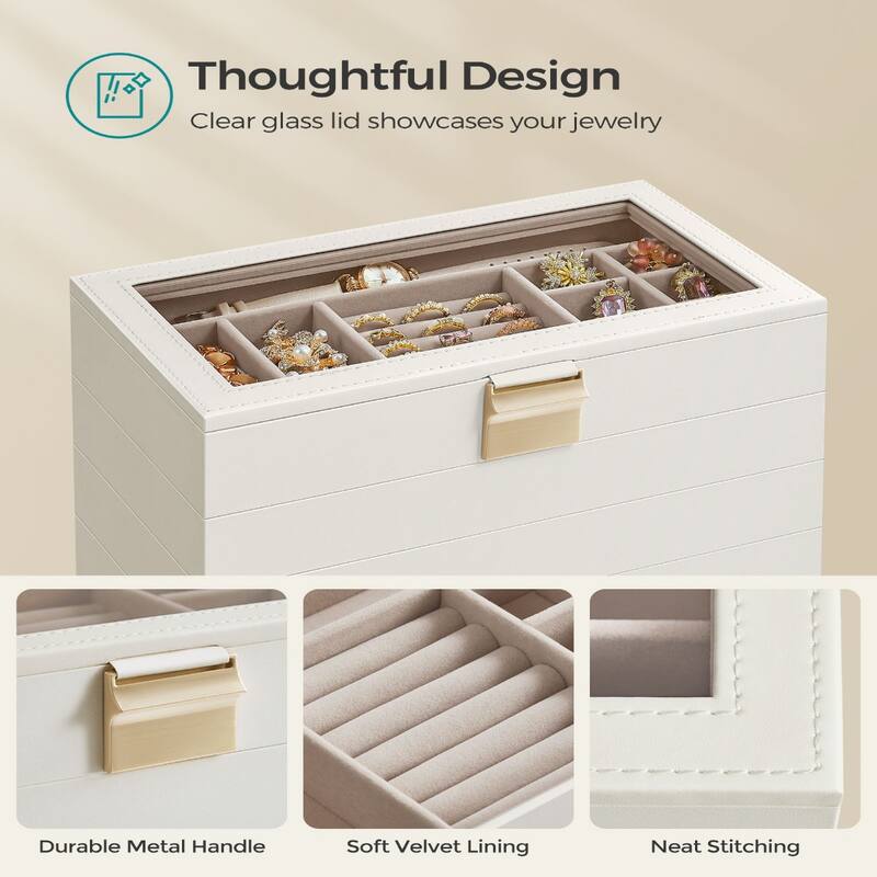 Multi-Layer Jewelry Storage Box with Stackable Trays and Soft Velvet Interior Protection and Glass Lid