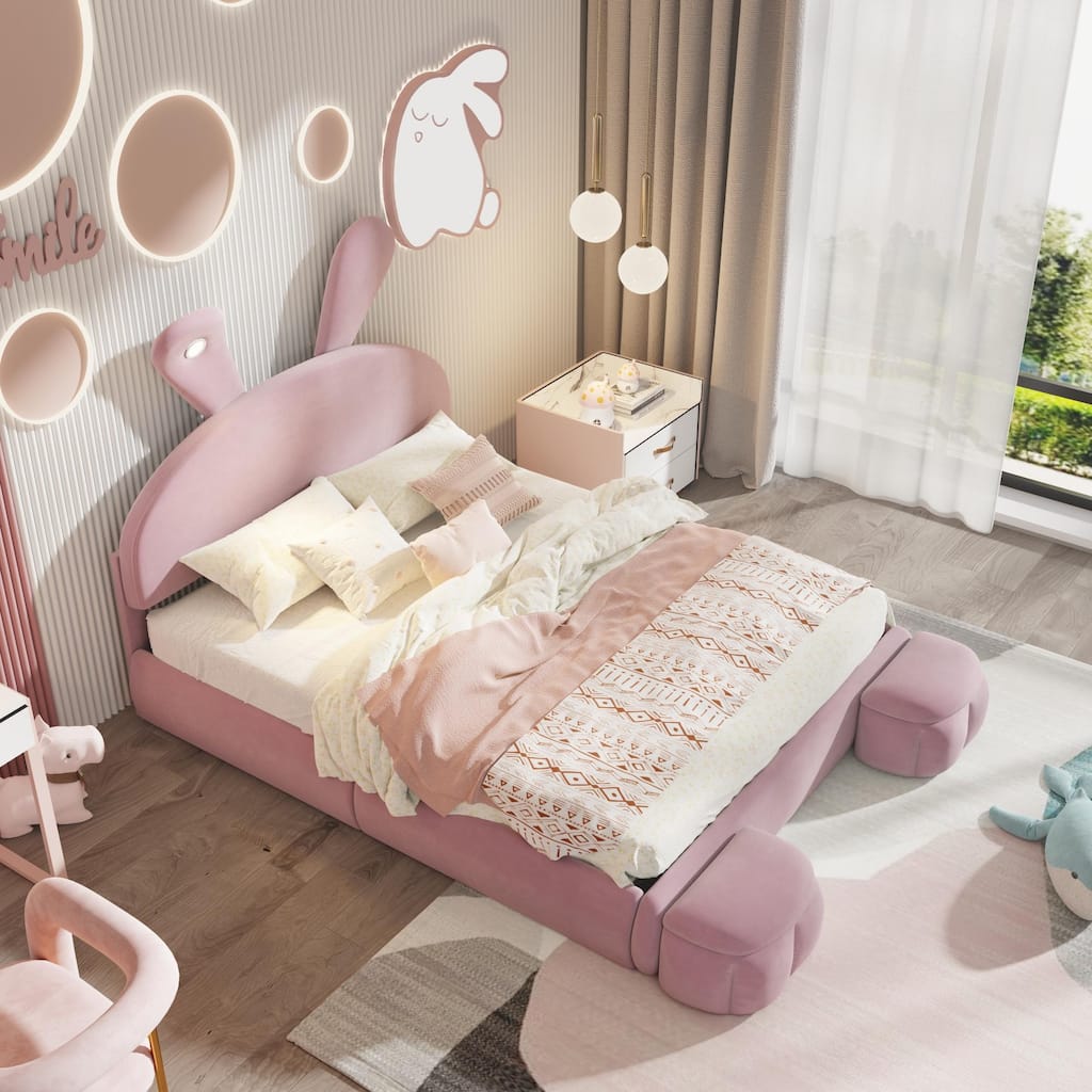 Full Size Upholstered Velvet Platform Bed Frame with Cartoon Ears Shaped Headboard, Light and 2 Small Storage Stools for Bedroom
