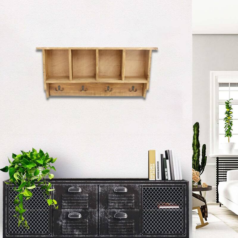29.5" Brown Wood Decorative Wall Hanging Storage with 4 Hooks