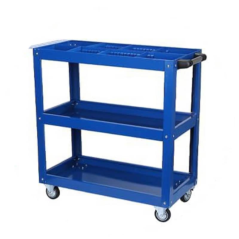 3 Tier Tool Cart on Wheels, 450 LBS Heavy Duty Steel Utility Cart w/Lockable Wheels for kitchen,Garage, Warehouse - Blue