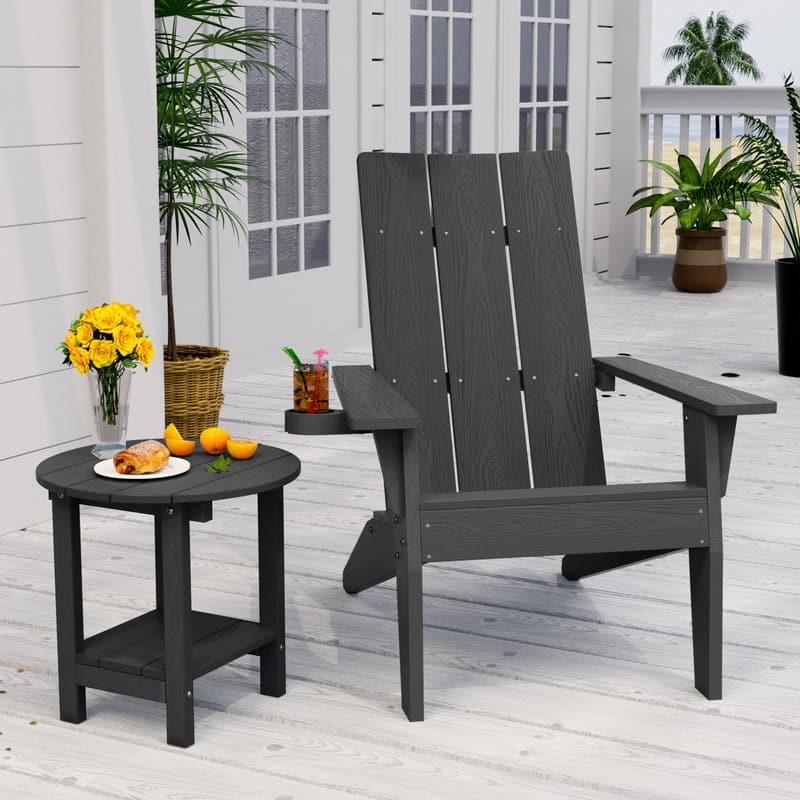 WINSOON 2-Piece All Weather HIPS Outdoor Adirondack Cup Holder Chair and Table set - Black