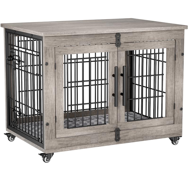 Dog Crate Indoor Heavy Duty Double Doors Wooden Dog Cage with Cushion