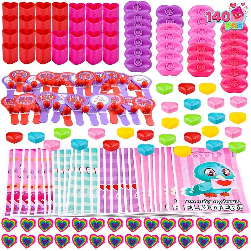 140 Pcs Valentine's Party Pack Set and stickers with cute, Valentine-themed designs,Perfect for boys and girls. - Multi