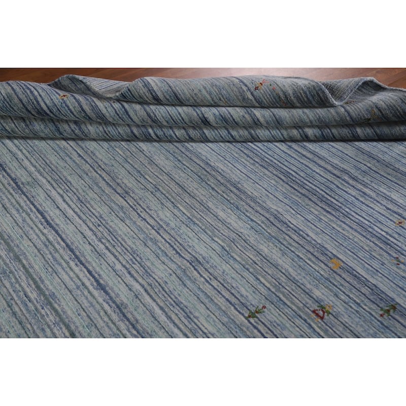 Striped Blue Gabbeh Oriental Area Rug Handmade Wool Carpet - 7'9"x 9'7"
