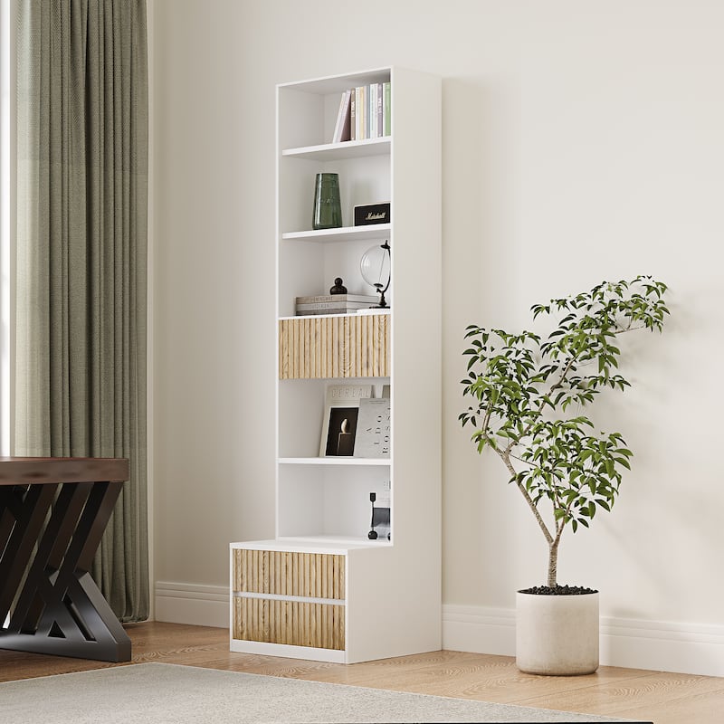 85.8'' Tall Bookcase with Movable Footstool and Open Shelves Storage Drawers