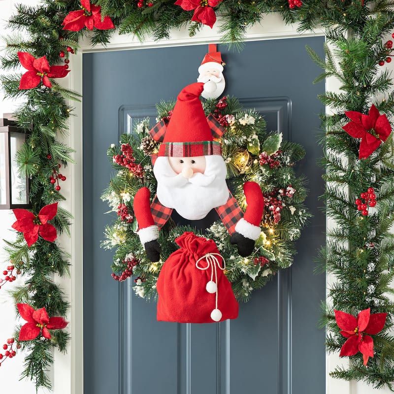 Glitzhome 24"D Christmas Pinecone Berry Wreath with Fabric Santa or Snowman Ornaments - LED Bow Wreath with Santa