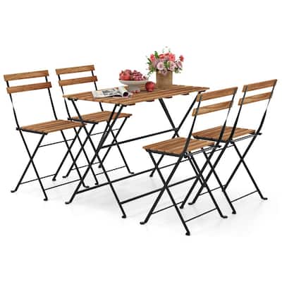 Black and Brown Acacia Wood Folding Patio Dining Set 5 Piece with Metal Frame - Chair: 18” x 15.5” x 31”