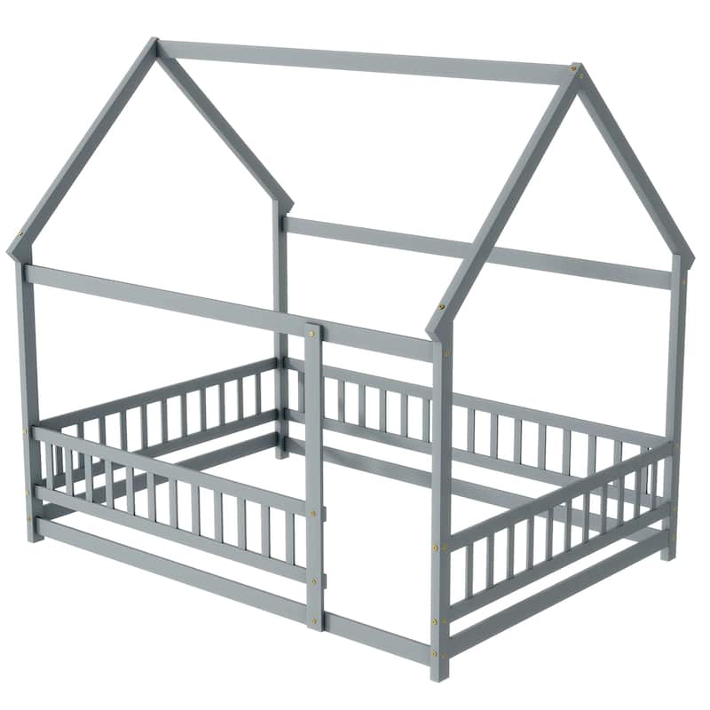 Full Size House Floor Wooden Bed with Roof Frame, Safety Guardrails,Grey
