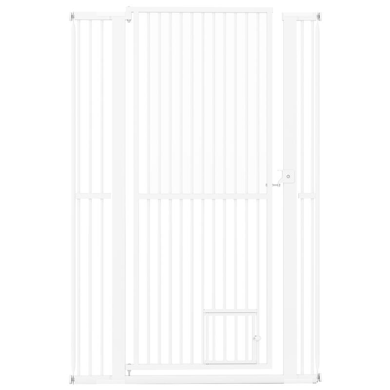 White Galvanized Metal Extra-Tall Adjustable Pet Gate with Safety Lock and Small Door - 59"