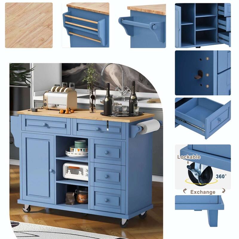 53-Inch Width kitchen Island cart with storage and 5 draws